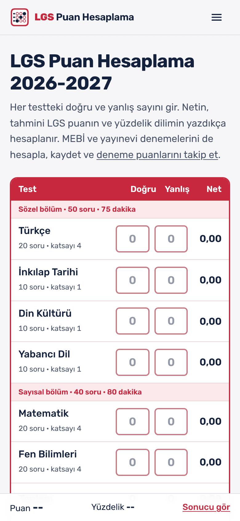 Ekran görüntüsü: telefonda puan hesaplama